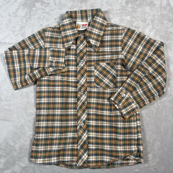 VTG 1970s Sears Winnie the Pooh Perma Prest Plaid Western Button Down Boys 6 - Picture 2 of 6